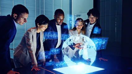 Fototapete - Group of multi racial people watching hologram display. Global business. Management strategy. Science technology. Sustainable development goals. SDGs.