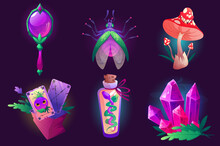 Witch Items Magic Mirror, Laughing Fly Agaric Mushroom, Bottle With Snake, Tarot Cards, Pinned Bug And Crystal. Assets Elements For Game, Isolated Wizard Stuff, Cartoon Vector Illustration, Icons Set