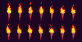 Fototapeta  - Burning fire on old wooden torch isolated on black background. Vector cartoon animation sprite sheet with sequence of yellow and orange flame on ancient wood torch
