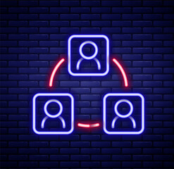 Wall Mural - Glowing neon line Meeting icon isolated on brick wall background. Business team meeting, discussion concept, analysis, content strategy. Presentation conference. Colorful outline concept. Vector