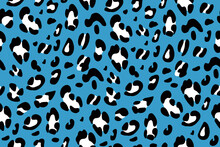 Leopard Seamless Pattern On A Blue Background. Animalistic Print For Clothes. Vector Hand-drawn Background