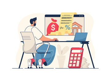 Poster - Mortgage concept for web banner. Man takes out mortgage online, signs contract with bank to buy new house, modern person scene. Vector illustration in flat cartoon design with people characters