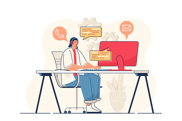 Poster - Customer service concept for web banner. Call center operator in headphones talks with client, hotline consultant modern person scene. Vector illustration in flat cartoon design with people characters
