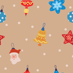  Christmas seamless pattern vintage balls, toys. Vector illustration for wrapping papers, decoration flat cartoon style