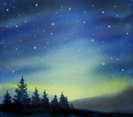 Watercolor illustration of peaceful spruce trees and blue night starry sky, background for creative design, print, winter greeting card, hand drawn water color drawing .