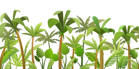 Wall Mural - Rainforest background. Jungle trees. Isolated on white background. Cartoon fun style. Seamless landscape with palm tree vector.