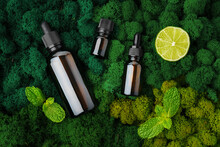 Set Of Brown Glass Bottles Beauty Products On Moss Background