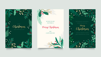 Green and  red Christmas invitation cards vector design template. Floral Christmas greeting card design with flower and winter leaves frame. Vector illustration.