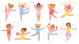 Cartoon little gymnast girls with ribbons, ball and hoop. Kids gymnastics class competition. Gym sport and acrobatics exercises vector set