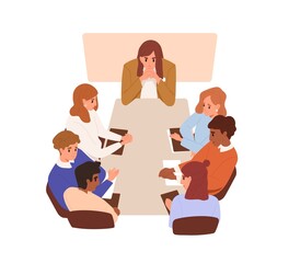 Poster - Angry boss and frustrated team at tensed business meeting. Staff guilty in work failure, trouble and problem sitting in silence at office table. Flat vector illustration isolated on white background