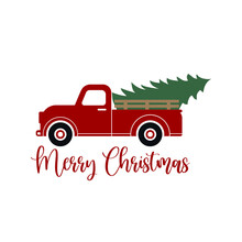 Red Old Vintage Truck With A Christmas Pine Tree Isolated Vector On White Background.