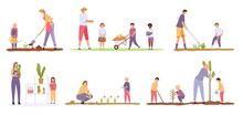 Cartoon Adults And Children Planting Trees And Working At Farm. Family Grow Plant And Flower In Garden. People Harvest Vegetables Vector Set