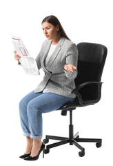 Poster - Confused businesswoman reading newspaper in chair on white background