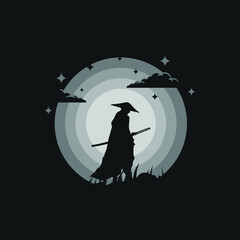 Samurai ronin silhouette illustration night moon with cloud 