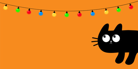 Wall Mural - Cat kitten peeking around the corner. Lightbulb glowing garland. Christmas lights set. String fairy light. Kawaii cute cartoon pet. Merry Christmas. Greeting card print. Flat design. Orange background