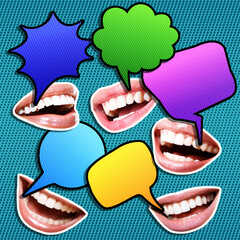 Wall Mural - Contemporary art collage with smiling mouths and speech bubbles on halftone popart background. Social media, gossip, intrigue, scandals, tabloids concept. Trendy urban magazine style.