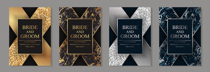 Modern luxury card template for wedding or business or presentation or birthday greeting with golden glitter and marble texture on a black background.