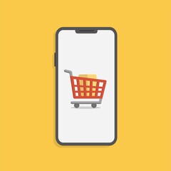 Poster - shopping online concept with smartphone and cart isolated on yellow.