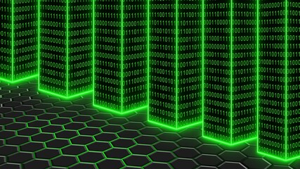 Poster - Abstract green technology background - illuminated pillars of binary code over honeycomb surface - 3D illustration