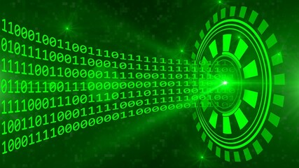 Poster - Abstract green technology background - rays of binary code centered into HUD elements on background with blurred squares - 3D illustration