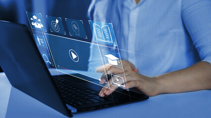 Wall Mural - person who attends online lessons on a digital screen. e-learning education, internet lessons and on