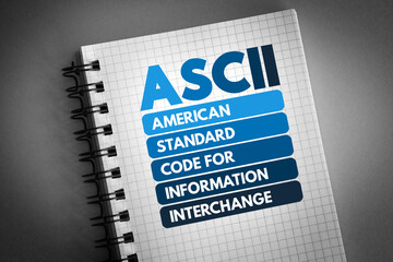 Aufkleber - ascii - american standard code for information interchange acronym on notepad, technology concept ba