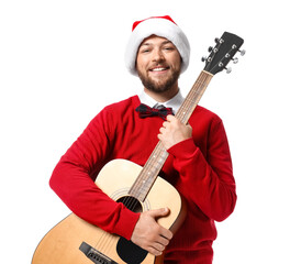 Poster - Young man in Santa hat with guitar on white background