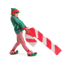 Sticker - Cute little boy dressed as elf with candy cane pinata on white background