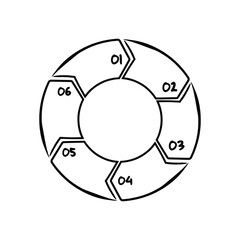 Hand drawn cycle diagram chart, 6 steps processes with numbers