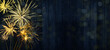 © Corri Seizinger - HAPPY NEW YEAR 2022 - Festive silvester firework background panorama greeting card banner long - Golden fireworks on dark blue wood wall texture.