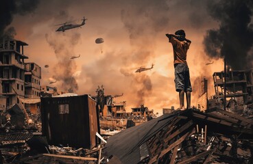 Homeless little boy watching destroyed houses and bombarded city between smoke.	