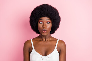 Sticker - Photo of impressed young brunette hairdo lady open mouth wear white top isolated on pastel pink color background