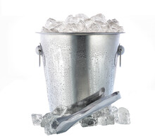 Metal Bucket With Crushed Ice And  Ice Tongs Isolated On White Background.