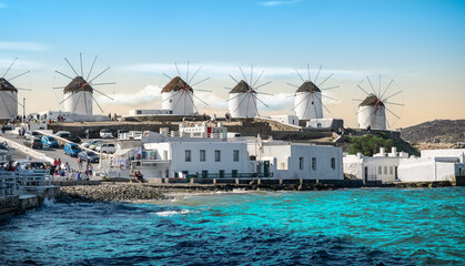 Fototapete - Traditional Greek windmills on Mykonos Island, Greece.