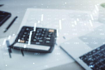 Poster - Multi exposure of creative statistics data hologram on blurry calculator with laptop background, stats and analytics concept