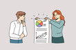 © Dzianis Vasilyeu - Teamwork and business development concept. Young woman worker standing and showing to her colleague presentation with successful diagram chart vector illustration