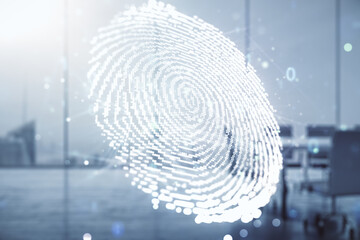Poster - Abstract virtual fingerprint hologram on a modern conference room background. Multiexposure
