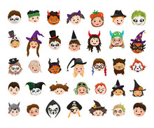 Collection Of Kids Avatars In Halloween Costumes. Portraits With Hats And Masks.
