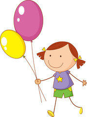 Sticker - A doodle kid holding balloons cartoon character isolated