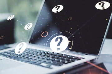 Aufkleber - Creative concept of question mark illustration on modern laptop background. FAQ and search concept. Multiexposure