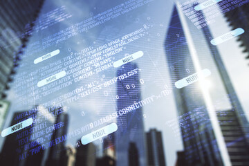 Poster - Multi exposure of abstract graphic coding sketch and world map on modern architecture background, big data and networking concept