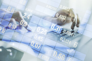 Poster - Multi exposure of stats data illustration with hands typing on computer keyboard on background, computing and analytics concept