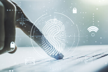 Poster - Multi exposure of creative fingerprint hologram with hands typing on computer keyboard on background, personal biometric data concept
