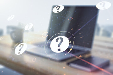Aufkleber - Creative concept of question mark illustration and modern desktop with computer on background. FAQ and search concept. Multiexposure