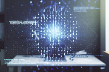 Poster - Creative code skull sketch and modern desk with computer on background, theft of personal data and malware concept. Multiexposure