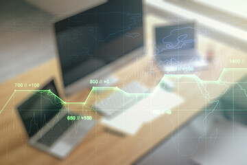 Poster - Multi exposure of stats data illustration and modern desktop with computer on background, computing and analytics concept