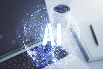 Poster - Creative artificial Intelligence symbol concept with modern computer on background. Double exposure