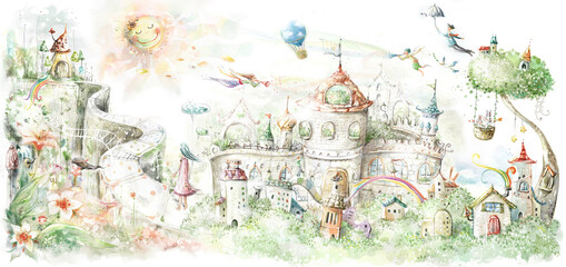 Wall Mural - a fairy tale, a small town with cute paths and a big magic tree