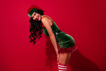 Photo Of Stunning Passionate Young Santa Helper Wear Elf Dress Headwear Smiling Isolated Red Color Background