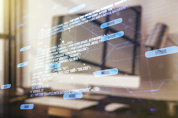 Poster - Double exposure of abstract programming language on laptop background, research and development concept